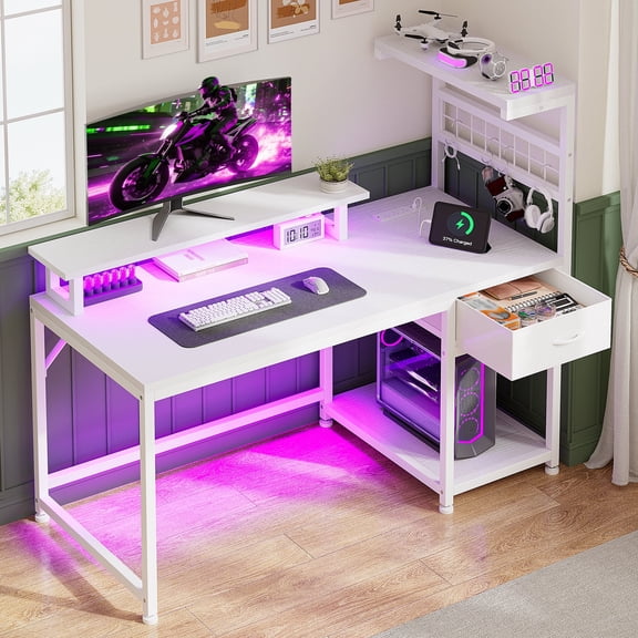 EnHomee 39.4" W Gaming Desk with LED Light Coner Desk with Drawers PC Desk with Reversible Shelves, White