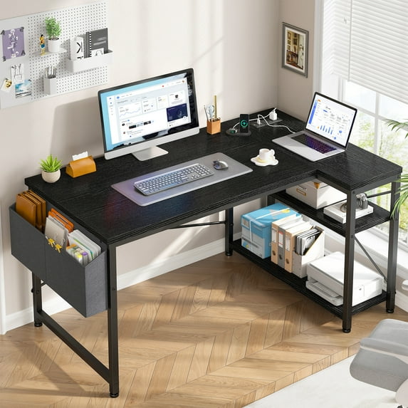 Enhomee 47.2" Computer Desk with Power Outlet L Shaped Coner Gaming Desk with Storage Shelves Black