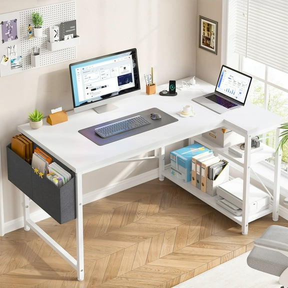 Enhomee 47.2 Desk with Power Outlet L Shaped Computer Desk for Small Space Gaming Desk White