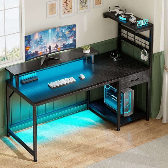 EnHomee 47.2" W Desk with Power Outlets & Hutch Homing Desk for Small Space Computer Desk with Storage Shelves,Black