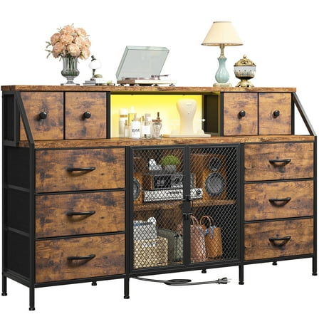 Enhomee 55"W Dresser for Bedroom with 10 Fabric Drawers Wide Dresser with Charging Station and LED Lights Chest of Drawers with 3 Open Shelves, Rustic Brown