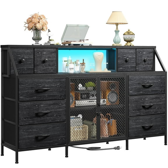 Enhomee 55"W Dresser for Bedroom with 10 Fabric Drawers Wide Dresser with Charging Station and LED Lights Chest of Drawers with 3 Open Shelves, Black