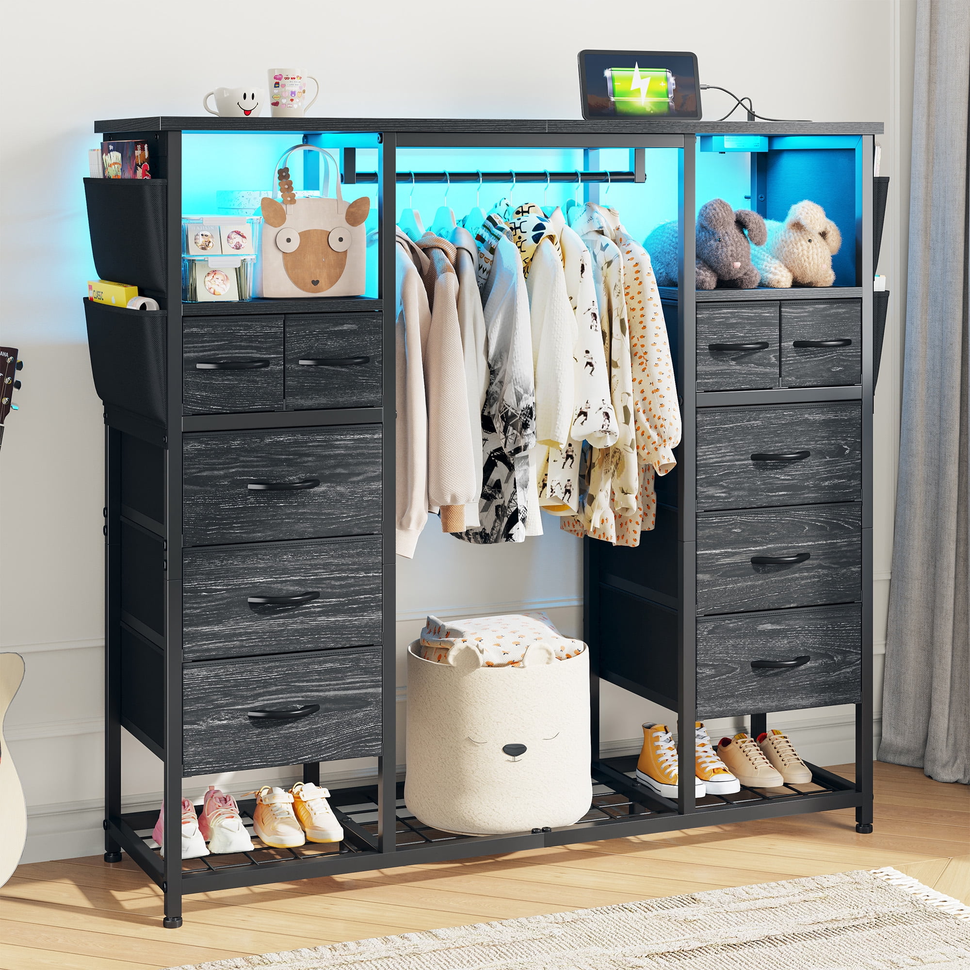 Enhomee Black 10 Drawers Dresser for Bedroom with Hanging Rack Storage  Cabinet with Led Lights & Charging Station