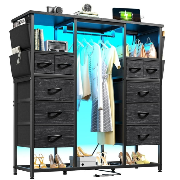 Enhomee Black 10 Drawers Dresser for Bedroom with Hanging Rack Storage Cabinet with Led Lights & Charging Station
