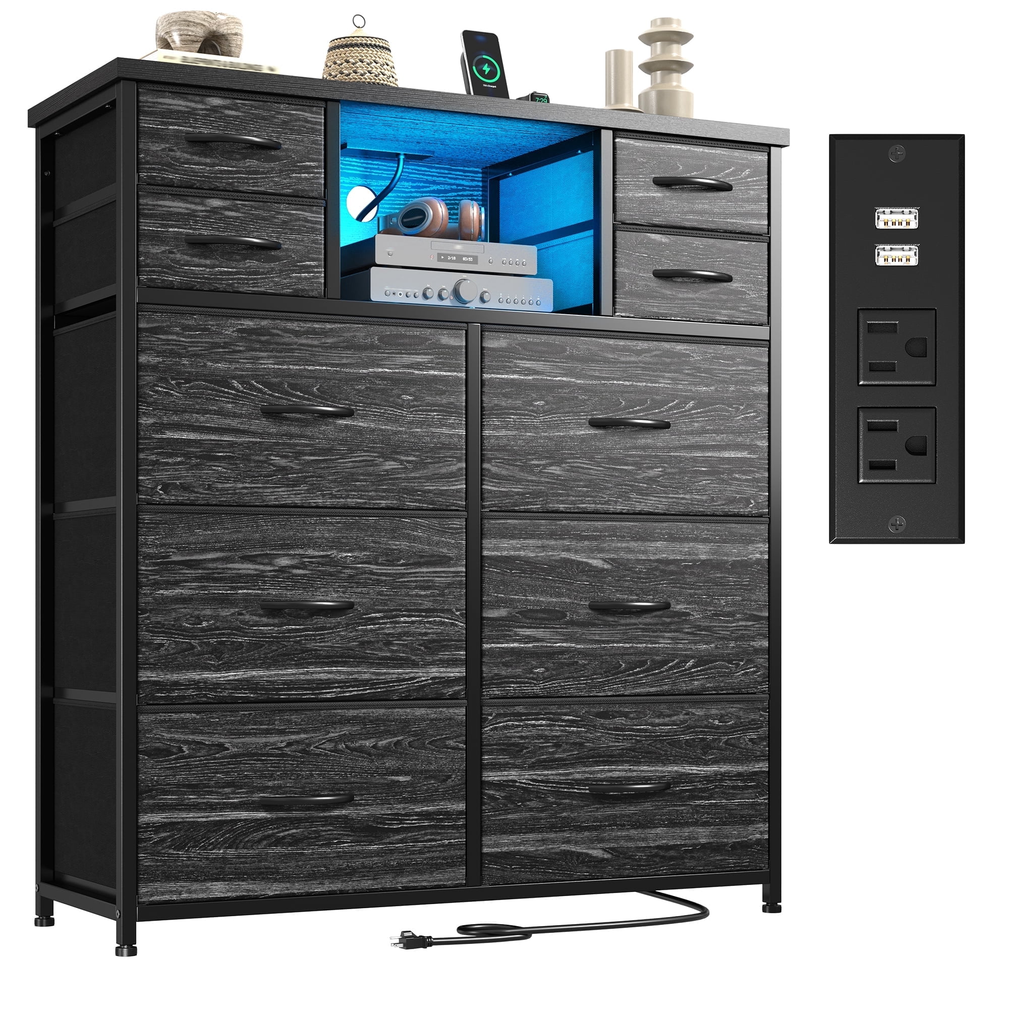 Enhomee Black Dresser for Bedroom with LED Lights & Charging Station Tall Chest of 10 Fabric Drawers with Storage Shelves