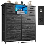 Enhomee Black Dresser for Bedroom with LED Lights & Charging Station Tall Chest of 10 Fabric Drawers with Storage Shelves