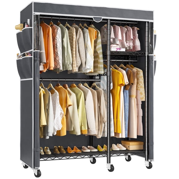 Enhomee Clothes Rack with Cover Heavy Duty Clothing Rack for Hanging Clothes Loads 550 LBS, Adjustable Closet with Wheels, Black
