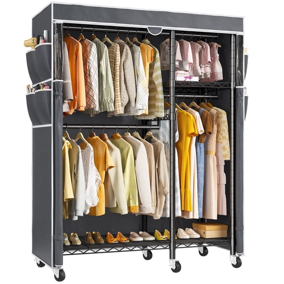 Enhomee Clothes Rack with Cover Heavy Duty Clothing Rack for Hanging Clothes Loads 550 LBS, Adjustable Closet with Wheels, Black