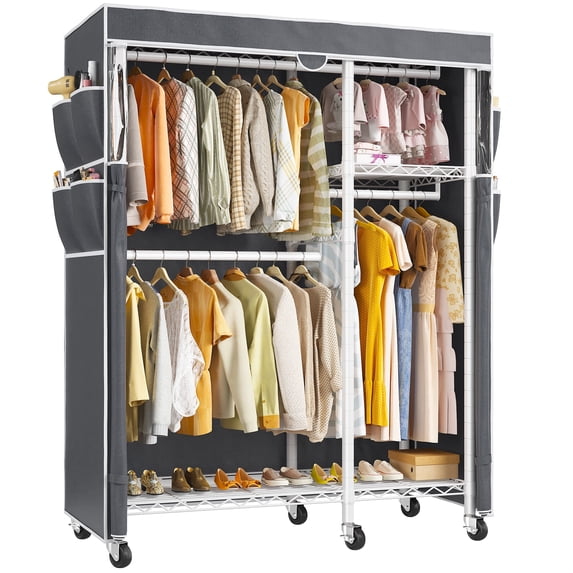 Enhomee Clothes Rack with Cover Heavy Duty Clothing Rack for Hanging Clothes Loads 550 LBS, Adjustable Closet with Wheels, White
