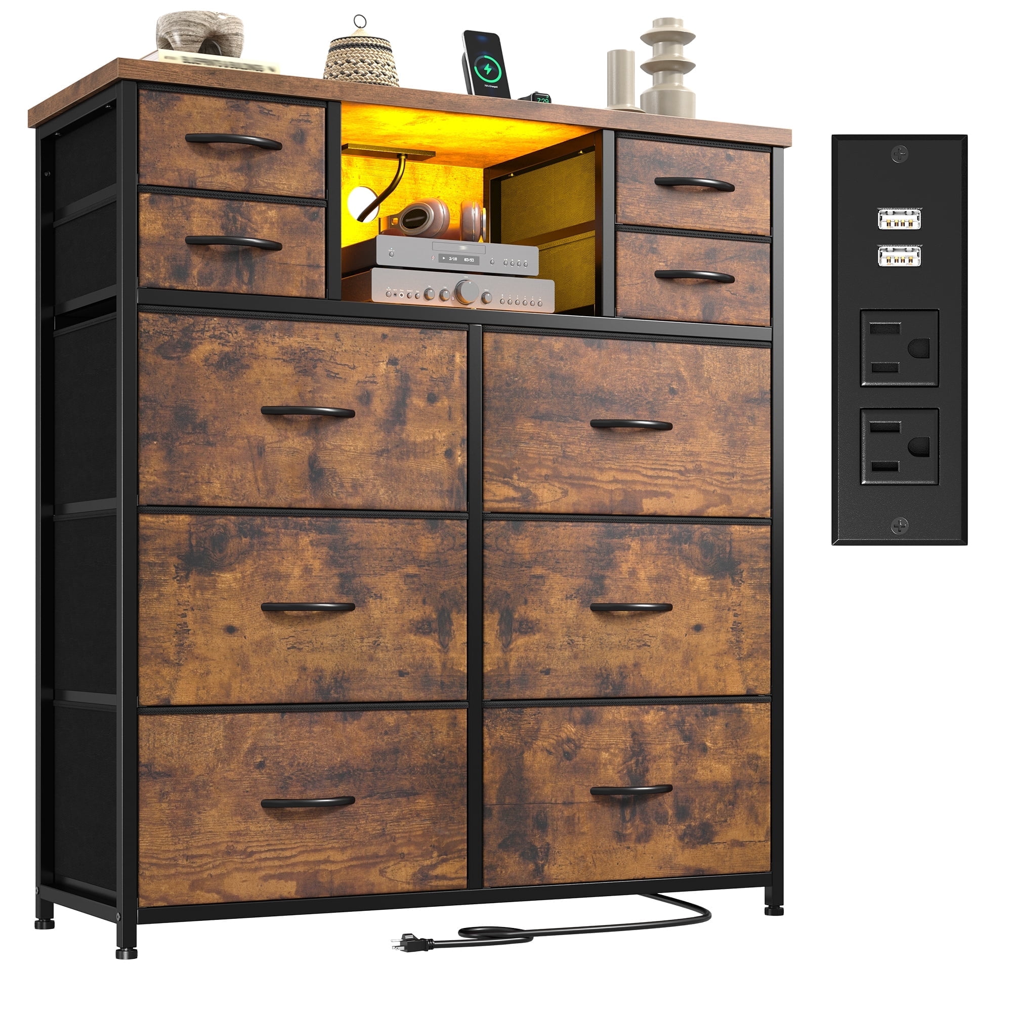 Enhomee Dresser for Bedroom with LED Lights & Charging Station Tall Chest of 10 Fabric Drawers with Storage Shelves, Rustic Brown