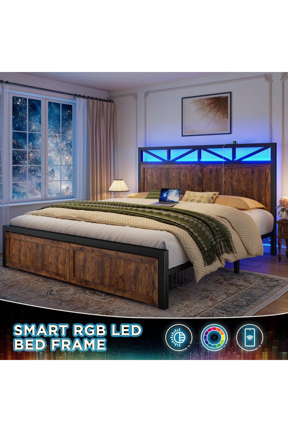 Full Bed Frame with Headboard Bed Frame with 2 Storage Drawers & LED Lights & Charge Station ,Brown