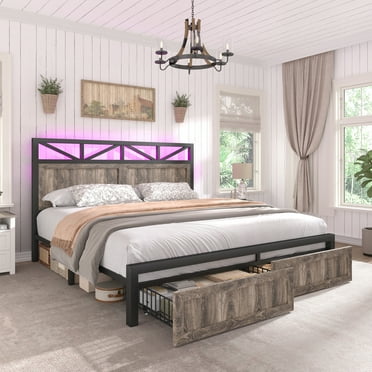 Enhomee Full Size Platform Bed Frame with LED Lights and Storage Full Bed Frame with Headboard, LED Lights Charging Station, 2 Drawers Gray