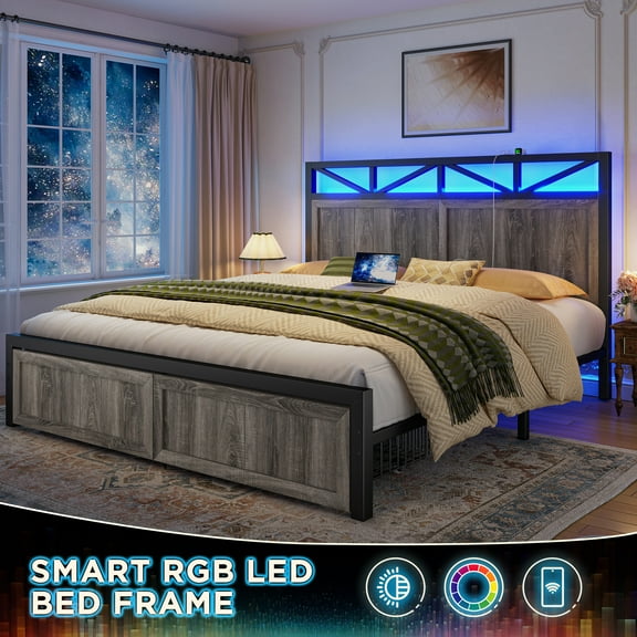 Enhomee Full Size Platform Bed Frame with LED Lights and Storage Full Bed Frame with Headboard, LED Lights Charging Station, 2 Drawers Gray