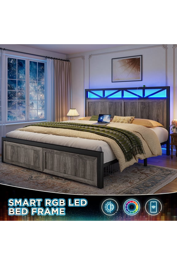 Full Size Platform Bed Frame with LED Lights and Storage Full Bed Frame with Headboard, LED Lights Charging Station, 2 Drawers Gray