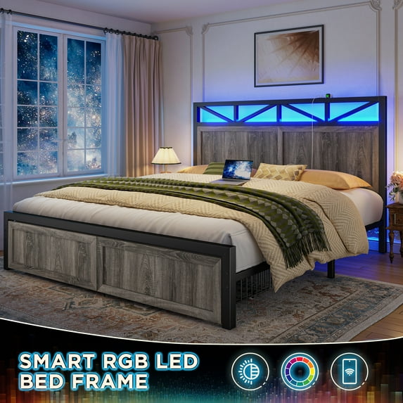 Enhomee Full Size Platform Bed Frame with LED Lights and Storage Full Bed Frame with Headboard, LED Lights Charging Station, 2 Drawers Gray