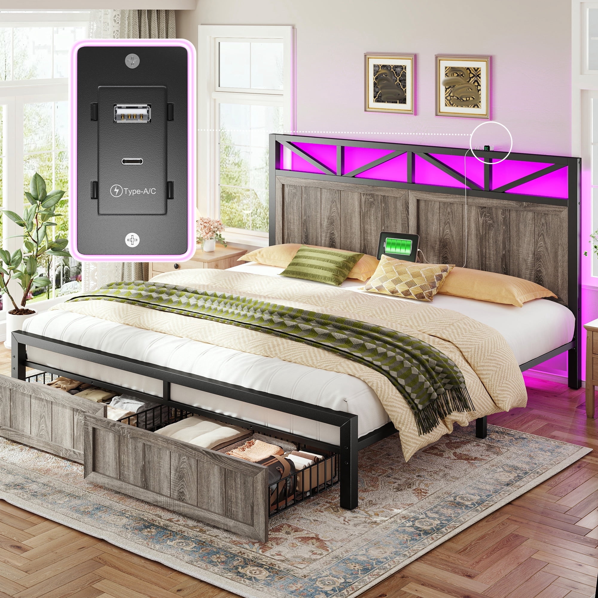EnHomee King Size Platform Bed Frame with Storage Drawers and LED ...