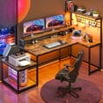 thumbnail image 1 of EnHomee L Shaped Computer Desk Reversible Corner Desk with Power Outlet & Long Monitor Stand Computer Desk with Led Lights and Storage Shelves, Rustic Brown, 1 of 9