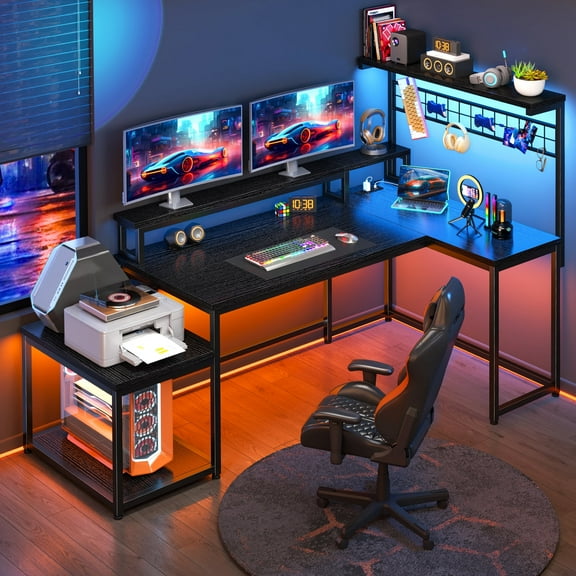Enhomee  L Shaped Desk Gaming Desk with LED Light & Power Outlet 55.1 Inch Reversible L Shaped Computer Desk with Storage  Shelf, Corner Desk for Home Office Desk, Black