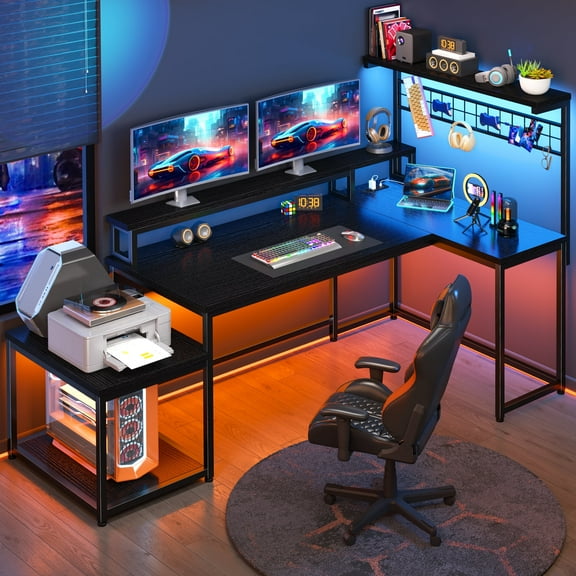 Enhomee L Shaped Desk Gaming Desk with LED Light & Power Outlet 63 Inch Reversible L Shaped Computer Desk with Long Monitor Stand & Storage Shelf, Corner Desk for Home Office Desk, Black
