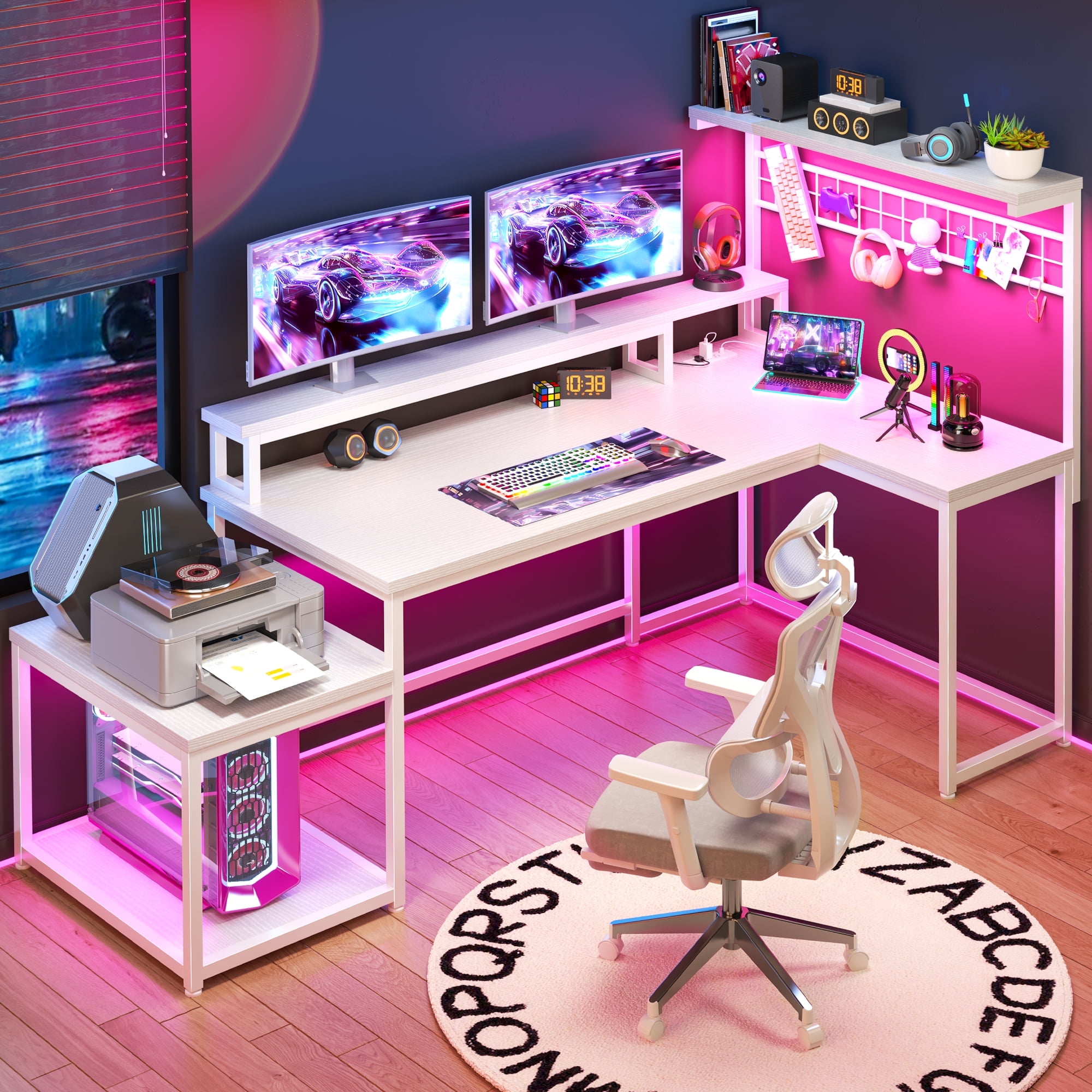 Enhomee  L Shaped Desk Gaming Desk with LED Light & Power Outlet 63 Inch Reversible L Shaped Computer Desk with Long Monitor Stand & Storage  Shelf, Corner Desk for Home Office Desk, White