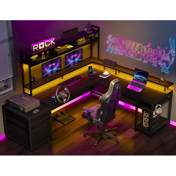 Enhomee L Shaped Desk, Gaming Desks with Power Outlet & LED Light Computer Deskwith Drawers & Storage Shelves Black