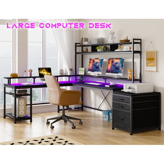 Enhomee L Shaped Desk, Gaming Desks with Power Outlet & LED Light Computer Deskwith Drawers & Storage Shelves Black