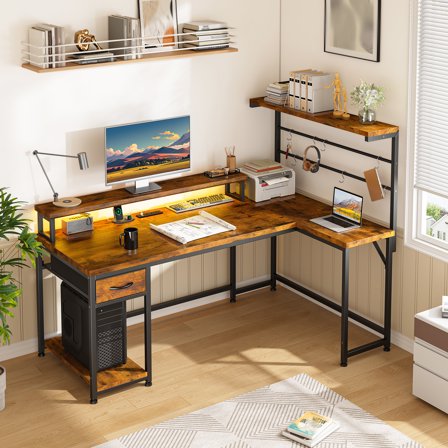 Enhomee L Shaped Desk with Drawer, Computer Desk with Storage Shelves & LED Lights for Home Office, Rustic Brown
