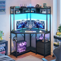 Enhomee Corner Desk with Storage & Hutch Office Desk with 2 Fabric Drawers Gaming Desk with Outlets & LED Lights Computer Desk with Shelves, Black