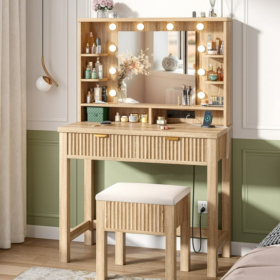 Enhomee Makeup Vanity with Mirror and 3 Color Lights, Vanity Desk with Charging Station for Bedroom, Oak