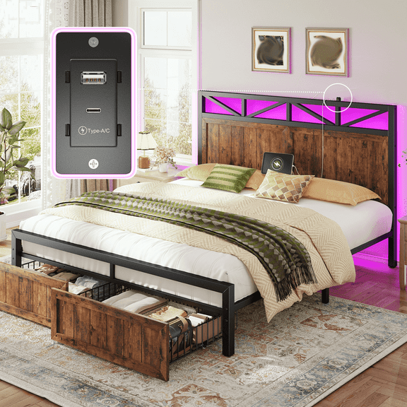 EnHomee Queen Bed Frame with Wooden Headboard Bed Frame with 2 Storage Drawers & LED Lights & Charge Station , Brown
