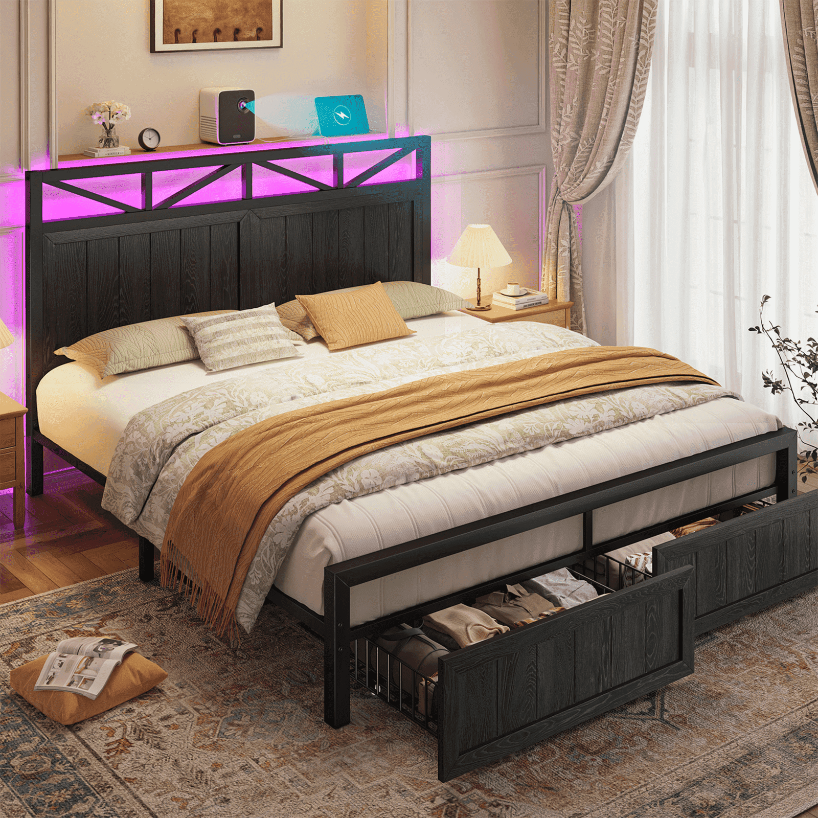 EnHomee Queen Bed Frame with 2  Storage  Drawers Bed Frame with Headboard &  & Charge Station & LED Lights ,Black