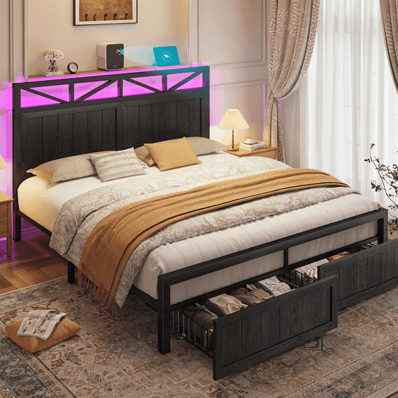 EnHomee Queen Bed Frame with 2 Storage Drawers Bed Frame with Headboard & & Charge Station & LED Lights ,Black