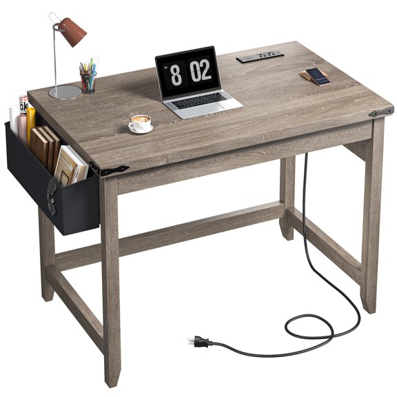 Enhomee Small Desk with Power Outlet Home Office Desk for Bedroom, Writing Desk with Storage Bag, Ash Gray
