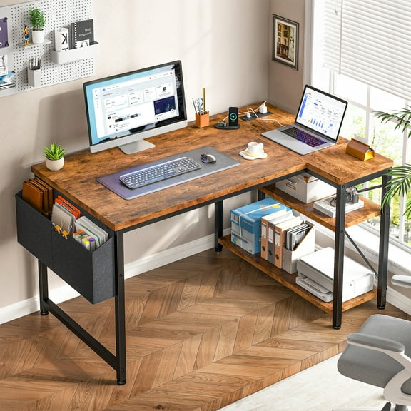 Enhomee Small Desk with Power Outlet L Shaped Office Desk for Work Study Coner Desk Rustic Brown