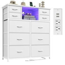 Enhomee White Dresser for Bedroom with LED Lights & Charging Station Tall Chest of 10 Fabric Drawers with Storage Shelves