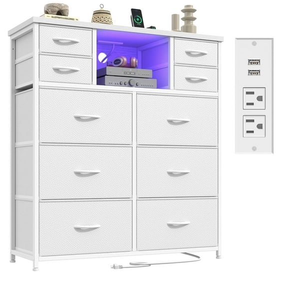 Enhomee White Dresser for Bedroom with LED Lights & Charging Station Tall Chest of 10 Fabric Drawers with Storage Shelves