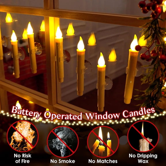 Enhon 18 Pcs Battery Operated Window Candles, Ivory LED Christmas Window Candles with Sensor Dusk to , Cordless Flameless Taper Candlestick with Battery & Suction Cup for Xmas Wedding Decorations