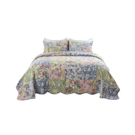 Eni 3 Piece California King Cotton Quilt Set, Pastel Blue Flower Design- Saltoro Sherpi