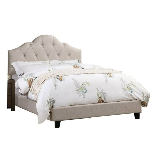 Eni Upholstered Queen Size Bed, Tufted Adjustable Headboard, Taupe Fabric- Saltoro Sherpi