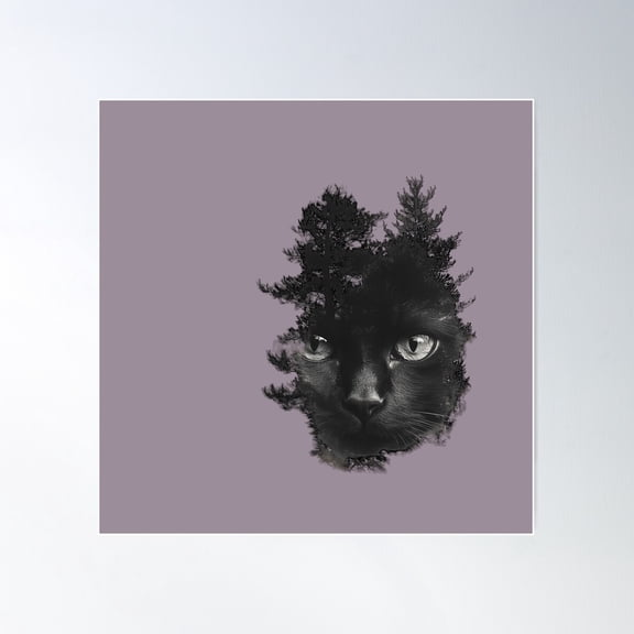 Enigmatic Black Cat In Silhouette With Woodland Scene Overlay Poster Wall Art, Modern Wall Decor For Living Room Bedroom, 17x17 UNFRAMED