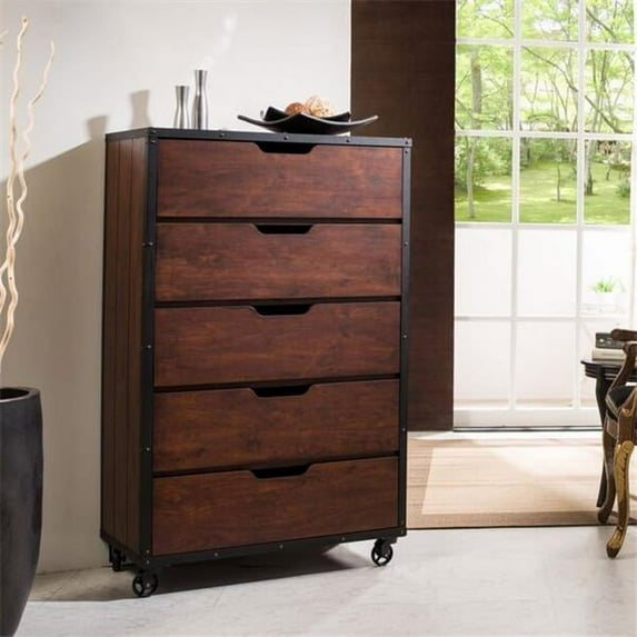 Enitial Lab YNJ-1447-6 Amon Industrial Style 5-Drawer Dresser, Vintage Walnut