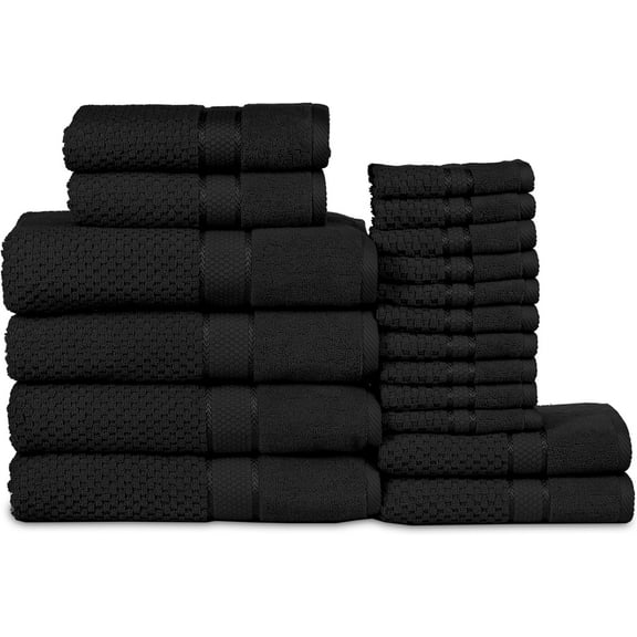 EnjinZZ 100% Cotton 18 Pcs Bathroom Towel Set, Luxury Bath Towels for Bathroom - 4 Bath Towels, 4 Hand Towels, 10 Washcloths - BLACK