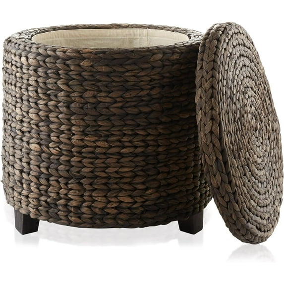 EnjinZZ 17" Round Storage Ottoman with Lid - Espresso, Handwoven Water Hyacinth Footstool for Living Room, Bedroom, Bathroom, Home Office