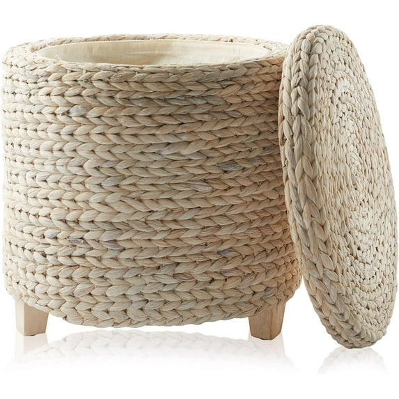 EnjinZZ 17" Round Storage Ottoman with Lid - Whitewash, Handwoven Water Hyacinth Footstool for Living Room, Bedroom, Bathroom, Home Office