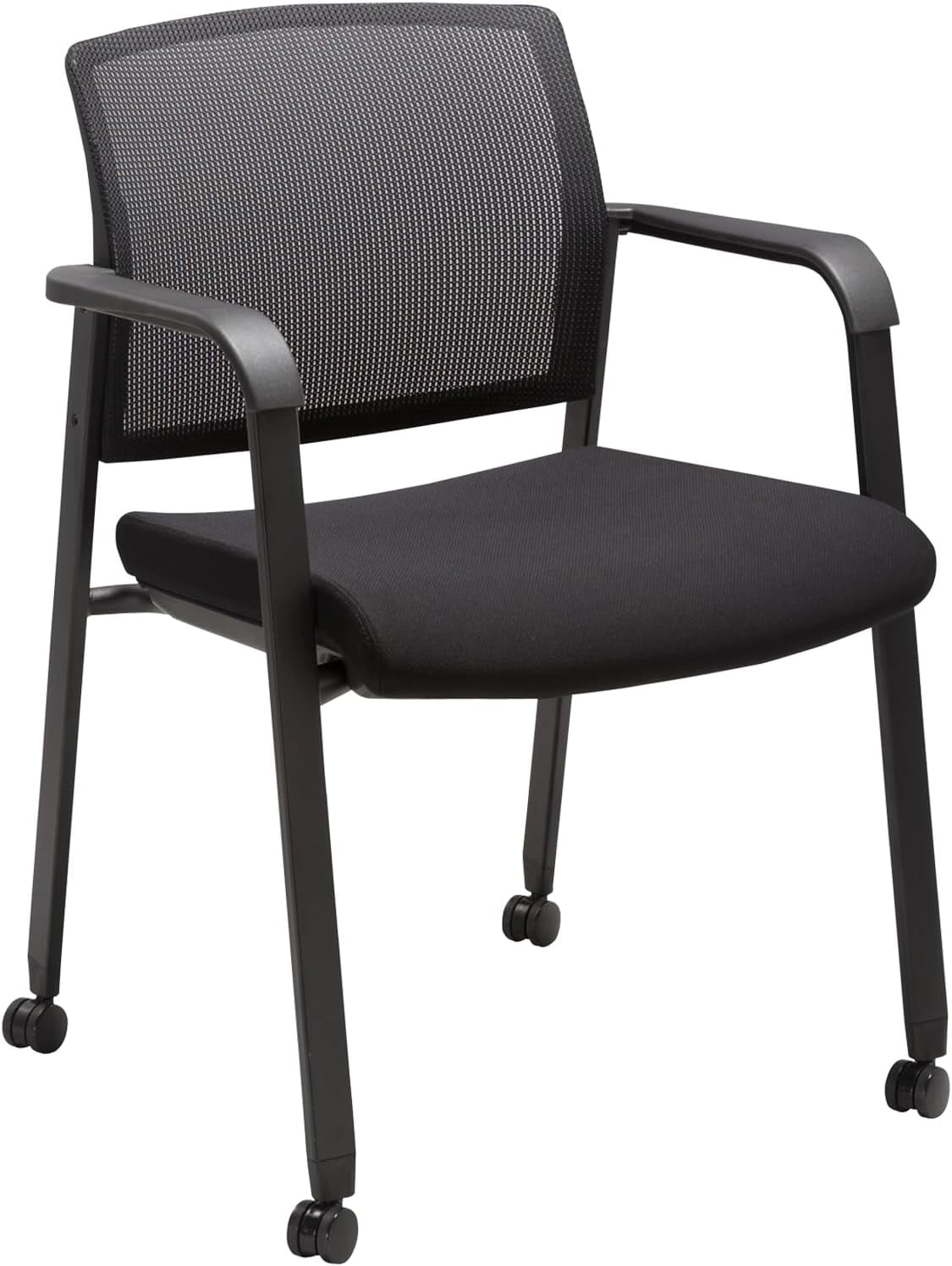 EnjinZZ Black Waiting Room Chair with Wheels Mesh Back Stacking Arm Chairs with Upholstered Fabric Seat and Ergonomic Lumber Support for Office School Church Guest Reception