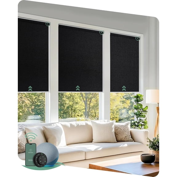 EnjinZZ Motorized Blinds with Remote, Blackout Smart Blinds for Windows Motorized Roller Shades, Automatic Window Shades Work with Alexa for Bedroom Living Room, Custom Size (Fabric Black)