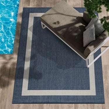 EnjinZZ Outdoor Rug - Modern Area Rugs for Indoor and Outdoor patios, Kitchen and Hallway mats - Washable Outside Carpet (5x7, Bordered - Blue)