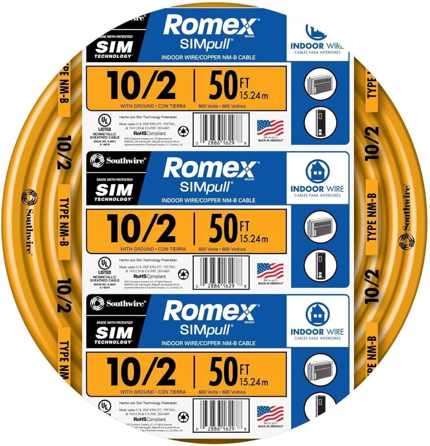 EnjinZZ Romex Brand Simpull Solid Indoor 10/2 W/G NMB Cable 50ft coil - SW# 28829022