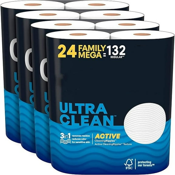 EnjinZZ Ultra Clean Toilet Paper with Active CleaningRipples, 1-Ply, 32 Family Mega Rolls (8 Packs of 4) (32 Family Mega Rolls = 176 Regular Rolls), 388 Sheets per Roll, Packaging May Vary