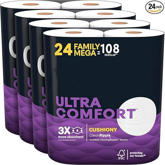 EnjinZZ Ultra Comfort Toilet Paper with Cushiony CleaningRipples, 2- Ply, 24 Family Mega Rolls (4 Packs of 6) (24 Family Mega Rolls= 108 Regular Rolls), 325 Sheets per Roll, Packaging May Vary